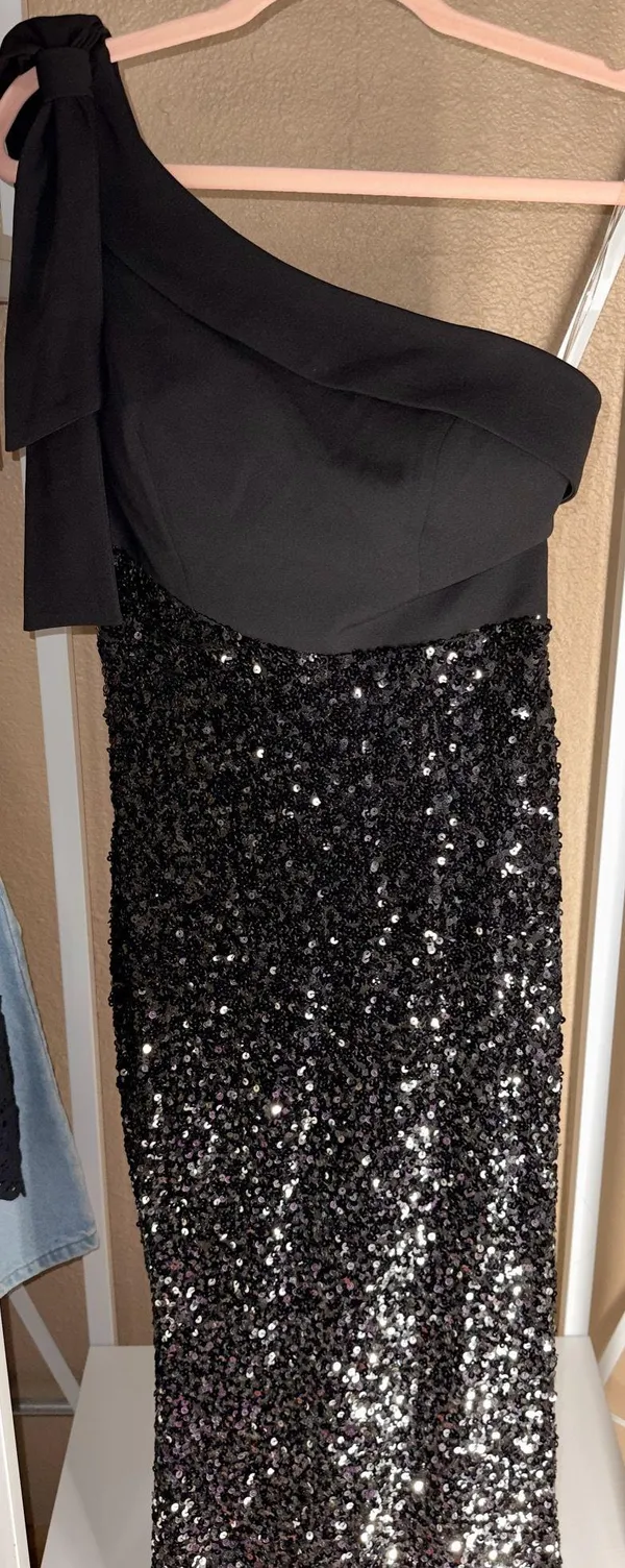 Boutique One shoulder bow tie black formal sequin prom dress - Image 3