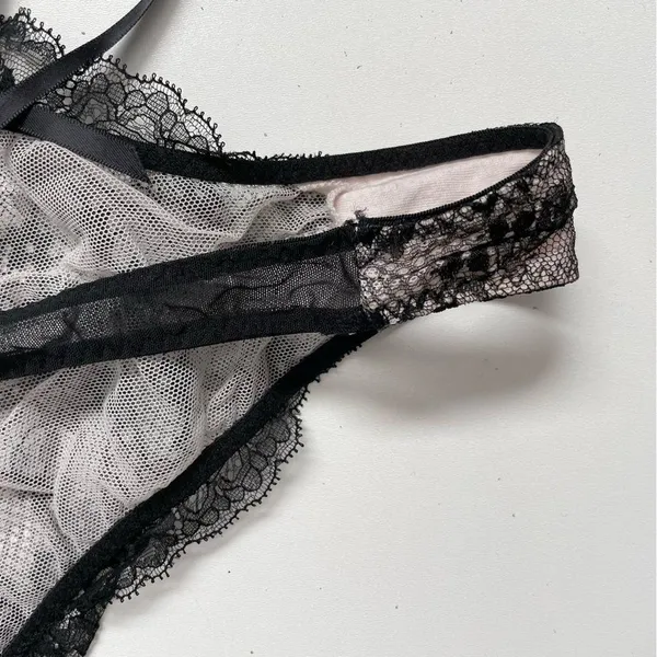 Victorias Secret Body Suit Nighty Thong Lace Plunge Neck Corset Lace Up Black - Image 13