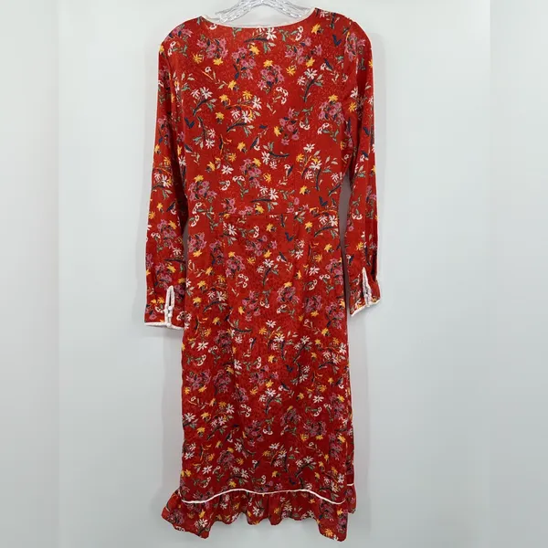 Free People Covent Garden Orange Rust Floral Ruffle Faux Wrap Midi Dress Size‎ 4 - Image 3