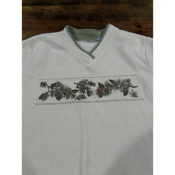 Vintage Fleece Grandma Pullover Sweater Nature Pinecones White Green Size Large - Image 3