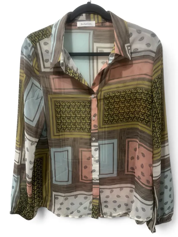 Lg BUCKETLIST Patchwork Print Long Sleeve Blouse in Olive, Pink and Cream - Image 2