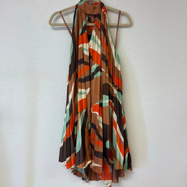 Hutch Anthropologie Halter Pleated Swing Mini Dress Geo Print Brown Size Large - Image 2