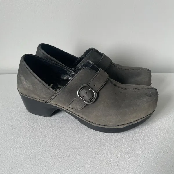 Dansko Tamara Slip-On Clogs Shoes Buckle Black Gray Suede Leather Women's 37 - Image 2