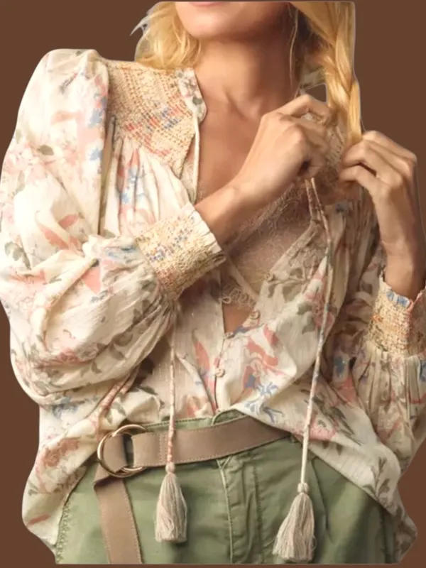 EUC Anthropologie Smocked Lurex Floral Long Sleeve Top Size Small - Image 2