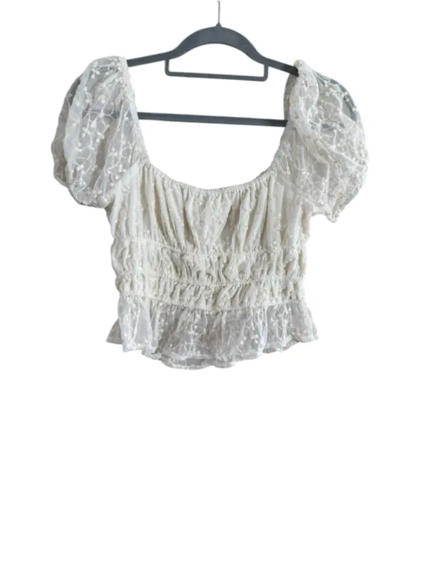 Japna Women's White Lace Puff Sleeve Crop Top M - Image 7