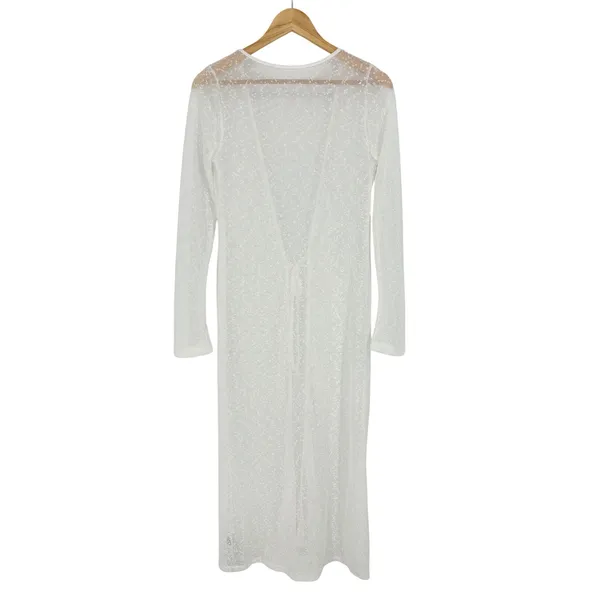 Missguided Longline Tie Front Cardigan Womens Medium White Sheer‎ Textured NWT - Image 3