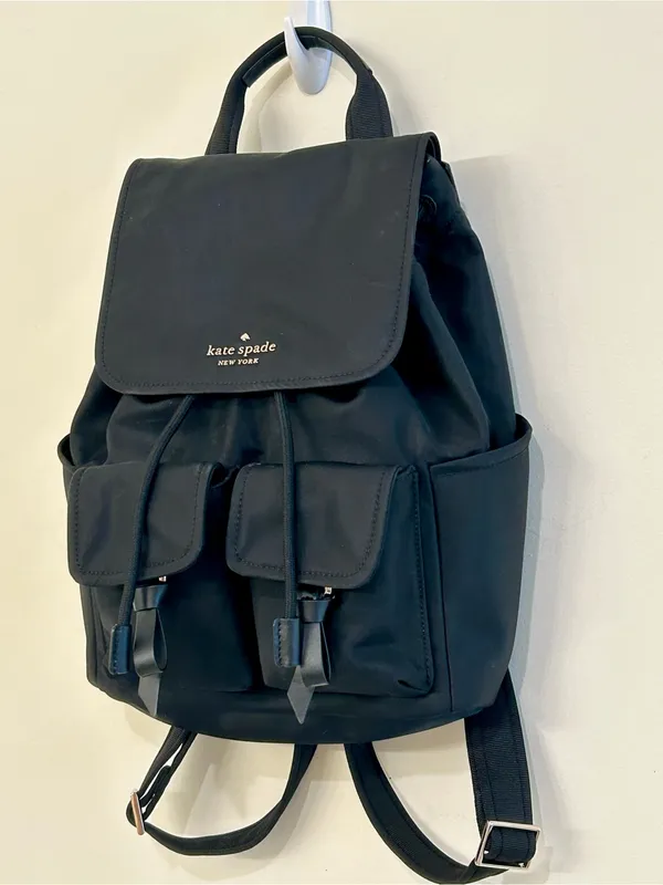 Kate Spade New York Carly Flap Drawstring Backpack in Black Technical Nylon - Image 5