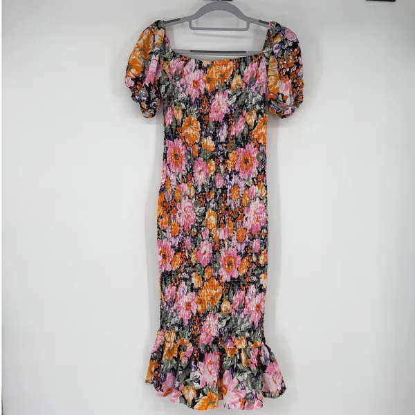 Hello Molly Floral Smocked‎ Bodycon Dress Womens Size 4 Small Puff Sleeve Ruffle - Image 2