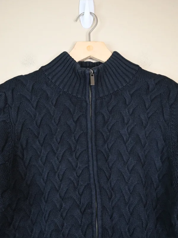 Lands' End Women's L Navy Blue Cable Knit Full-Zip Stand Collar Cardigan - Image 3