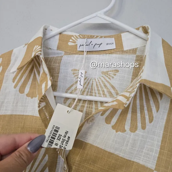 Petal + Pup Checkered Seashell Print Cotton Button Up Shirt - Image 3