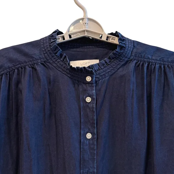 LOFT‎ Button Down Blouse Navy Blue Boho Ruffle Trim Lyocell Denim Womens XXL - Image 2