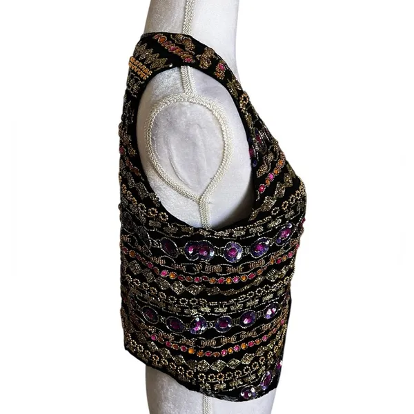 Vintage Niteline Della Sequin Beaded Notched Vest Top Glam size M Silk - Image 2