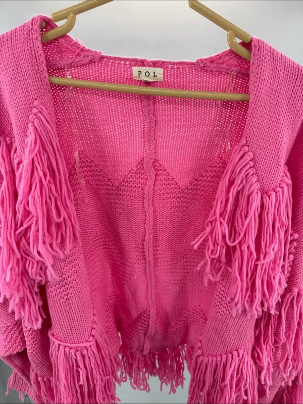 POL Pink Fringe open front oversized cardigan Sweater S boho casual fall winter - Image 6