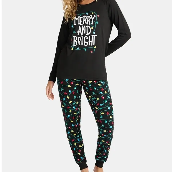Holiday Time‎ Womens Pajama Set Black Merry and Bright Christmas Lights Size S - Image 4