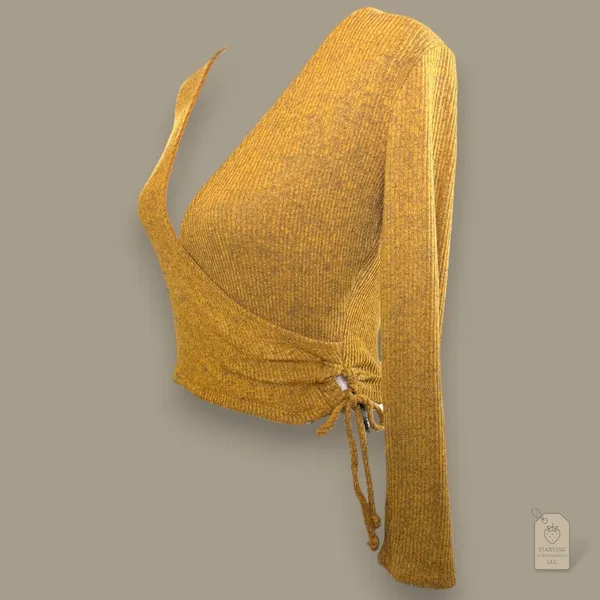 Mustard Ribbed Wrap Sweater Juniors' M | Deep V-Neck Side Tie - Image 2
