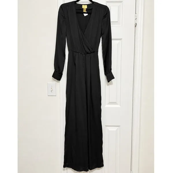 H&M Black Satin Wrap Front Wide Leg Jumpsuit Long Sleeve Size 2 - Image 2