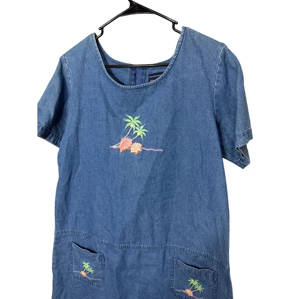 Blue‎ J Vintage Denim Shift Dress Large Tropical Palm Tree Shell Embroidery L - Image 2