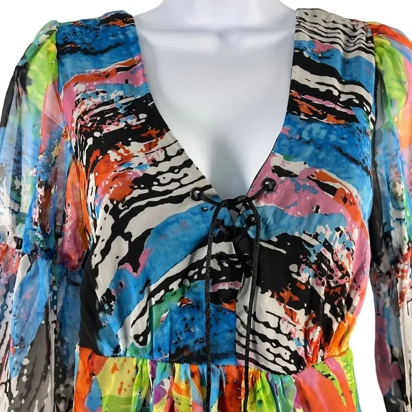 Vintage Oleg Cassini 80s 90s Abstract Boho Sheer Bell Sleeve Midi Dress Sz 6 - Image 5