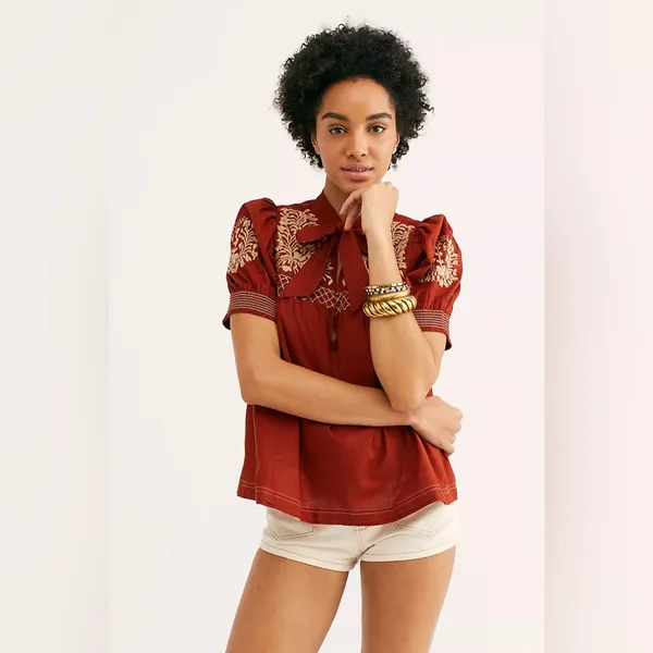 Free People Dreaming About You Wild West Brown Blouse M - Image 3