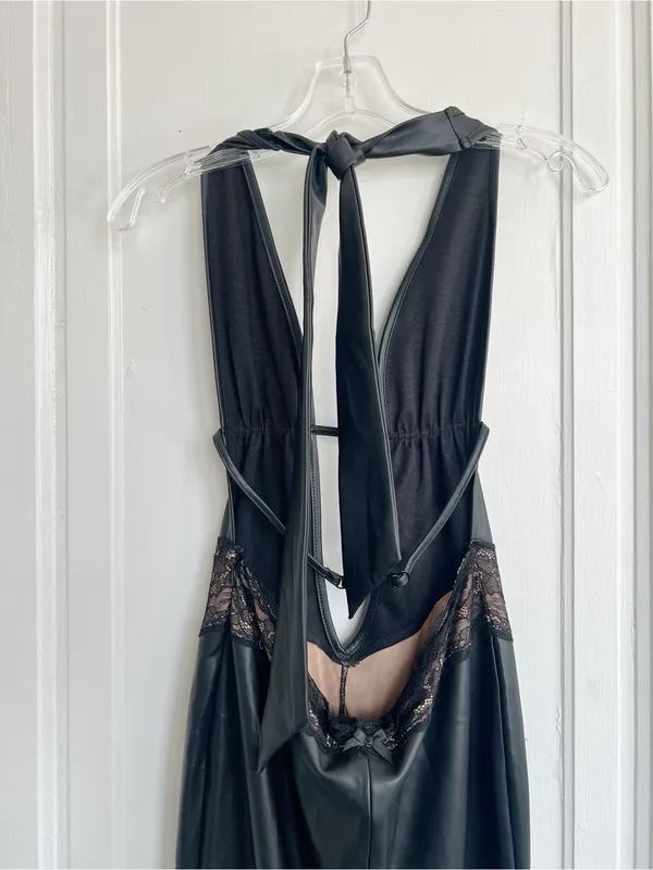 I AM GIA • Astora Maxi Dress black faux leather illusion lace plunge halter sexy - Image 11