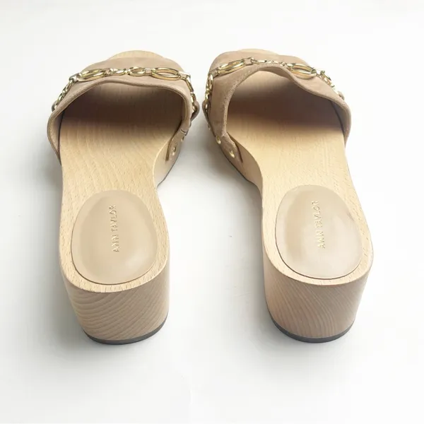 ANN TAYLOR Missy Leather Dominican Sand Chain Wooden Mule Clog Slides, Size 7 - Image 7