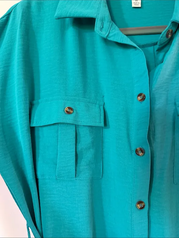 She + Sky Teal Button-Front Midi Shirt Dress with Tie Waist - Image 5