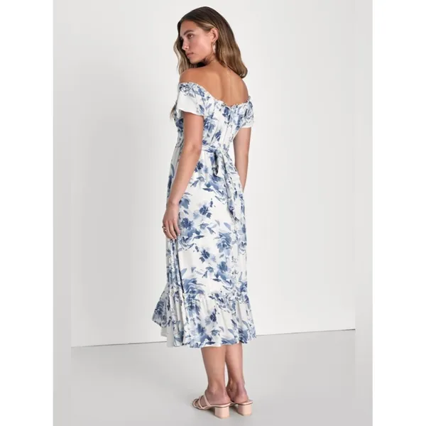 Lulus Delightfully Sweet White Floral Off-the-Shoulder Midi Dress Size XL Beach - Image 2