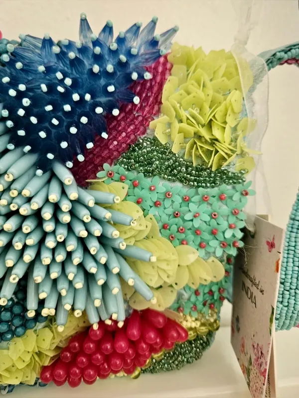 Handcrafted in India Beaded Coastal Coral Reef Shoulder Handbag Purse Teal Aqua - Image 15