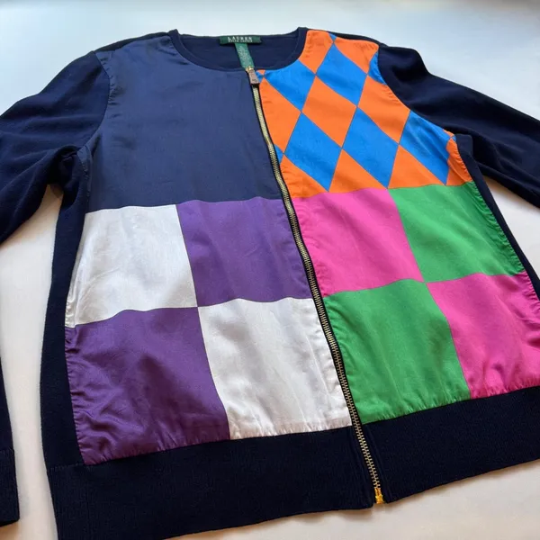 Lauren Ralph Lauren Women's XL Cardigan Sweater Colorblock Harlequin Mixed Media - Image 2