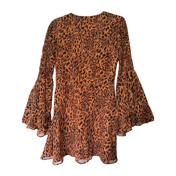 ACOA‎ Hilda Leopard Print Bell Sleeve Tie Front Mini Dress Brown Medium NEW - Image 2