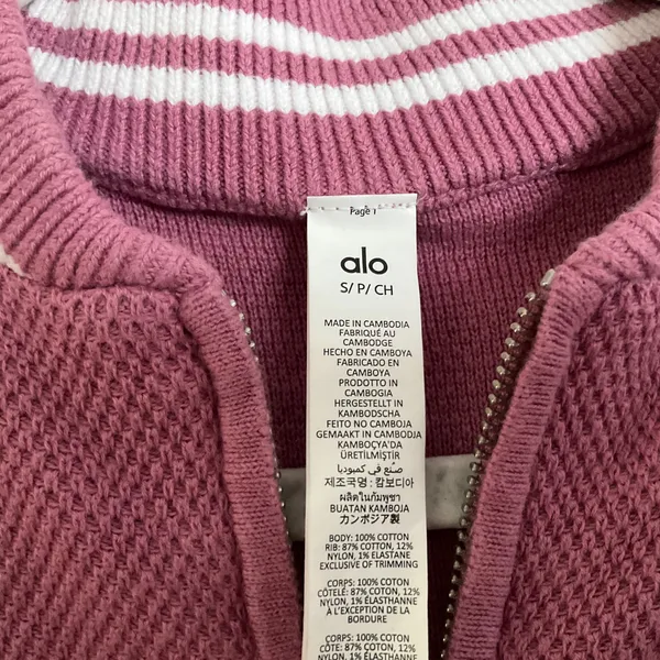 Alo Yoga Tennis Club Sweater Knit Full Zip Jacket Pink Wild Rose/White S - Image 4