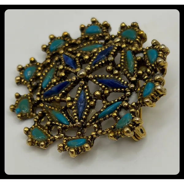 Unbranded Filigree Flower Brooch Women Small Gold Blue Turquoise Enamel Vintage - Image 2
