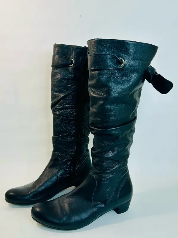 Eric Michael Web Shoemaker Black Leather Zip Knee High Boot Sash Tie size 40/9.5 - Image 4