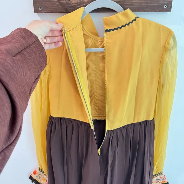 Vintage‎ Late 1960s Early 1970s Embroidered Bohemian Prairie Dress Brown Mustard - Image 7
