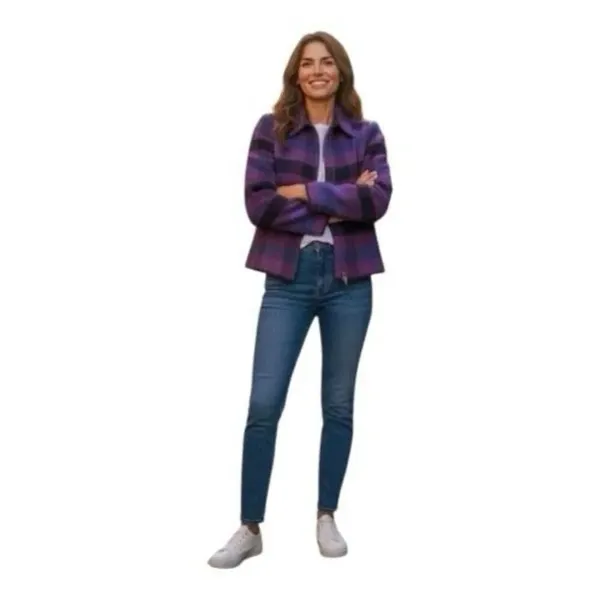 Dressbarn Vintage Women Purple Plaid Retro Jacket Blazer Size 12 Wool Blend - Image 8