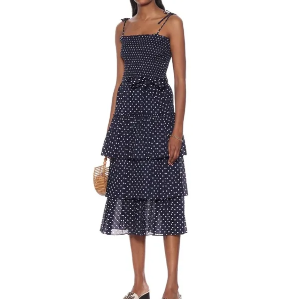 Tory Burch Printed Ruffle Dress Polka Dot Smocked Midi Navy White NWT Size M - Image 2