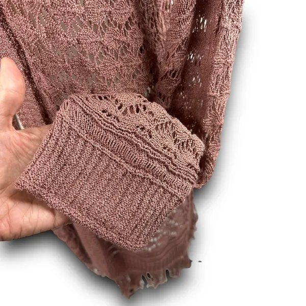 Boho Chic Open Knit Long Cardigan Fringe Trim Lightweight Mauve Small Medium - Image 3