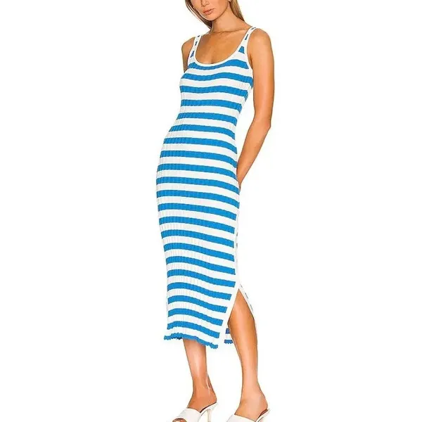 Solid & Striped Womens Ribbed Midi Dress Large Blue White Stripe Resort Beachy - Image 2