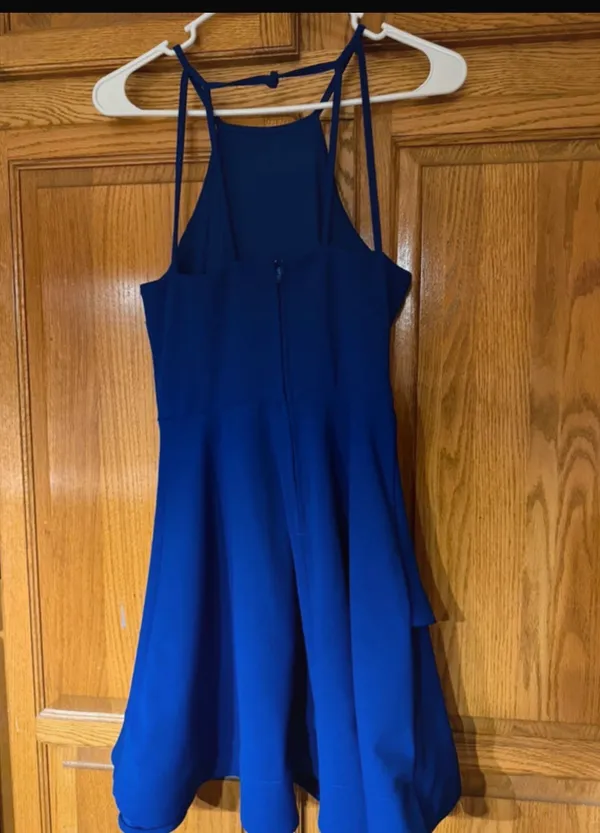 B. Darlin blue polyester & spandex dress with asymmetrical hem, size 5/6 #asymmetrical #eveningwear - Image 2