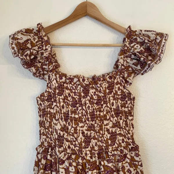 Anthropologie Love the Label Maxi Dress S Cottagecore Smocked Tiered Block Print - Image 4