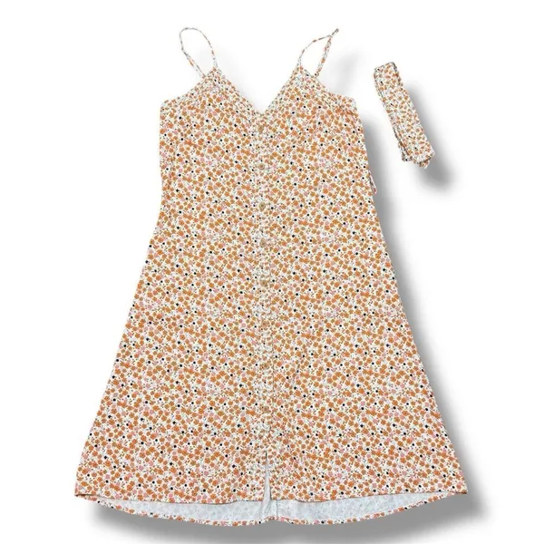 A Loves A Ditsy Floral Button Front‎ Spaghetti Strap Sundress Orange Pink Small - Image 14