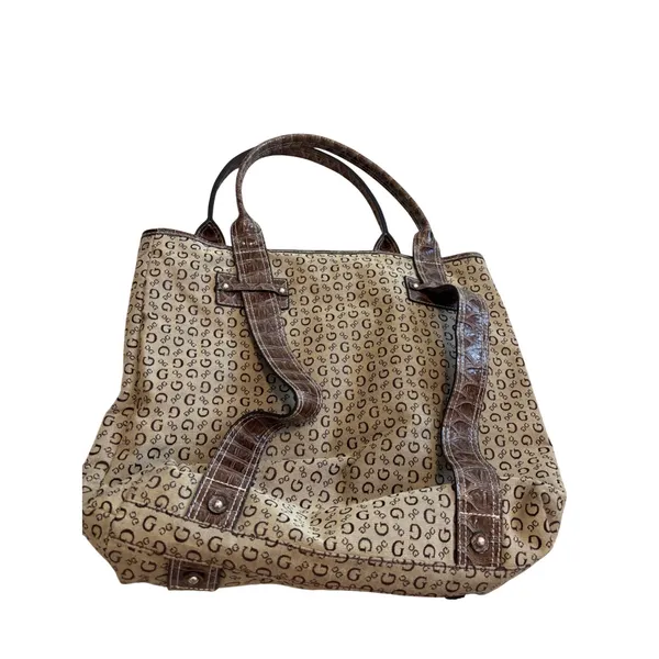 Guess Tote Bag Womens Large Brown‎ Monogram Canvas Croc Embossed Y2K Style - Image 2