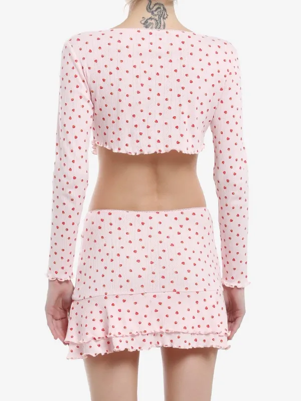 Sweet Society Pink Strawberry-Print Long Sleeve Top & Ruffled Mini Skirt Set - Image 3