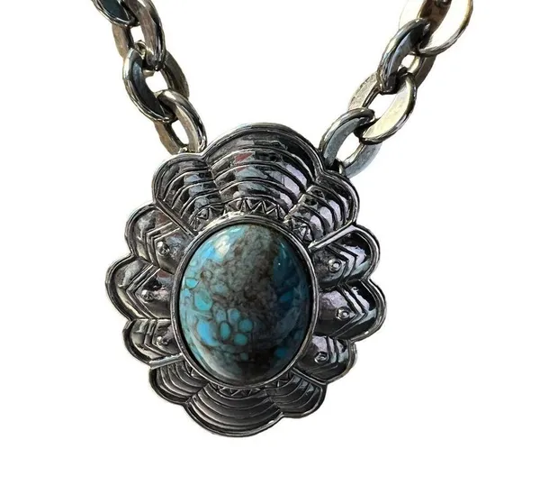 Vintage Silver Tone Necklace Concho Faux Turquoise Pendant Southwestern 18" - Image 2