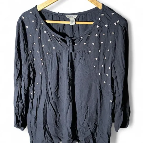 Peasant Blouse Navy Embroidered G.H. Bass Boho Cottagecore Large - Image 4