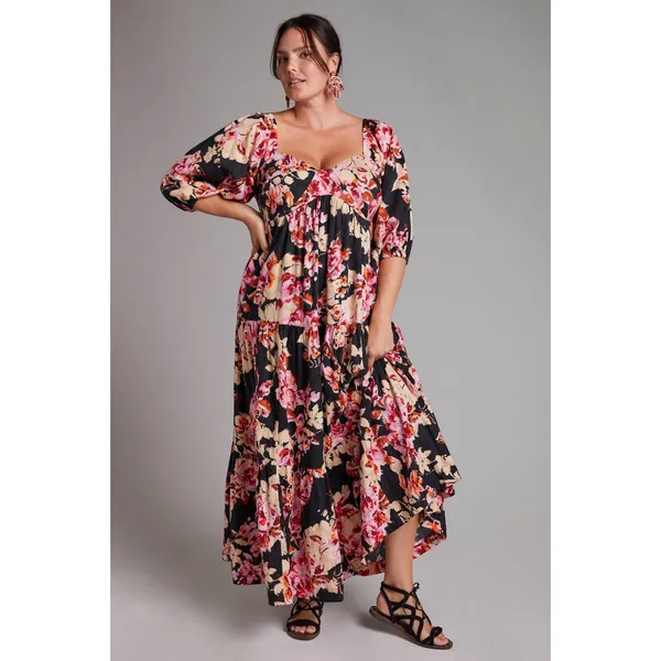Anthropologie Black Pink Floral Blossom Maxi Dress Puff Sleeve Women's size XS - Image 12