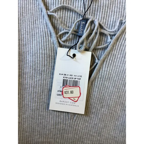 Bardot Grey Kym Lace Up Top Long Sleeve Ribbed Knit V-Neck Sweater Size S NEW - Image 3