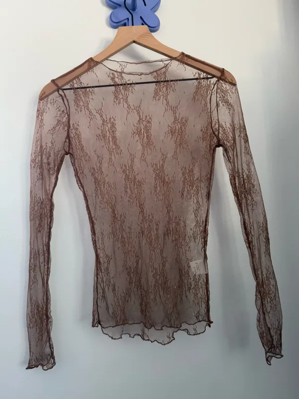 Medium Brown Sheer Mesh Long Sleeve Top Floral Boho Whimsical Rave Festival - Image 2
