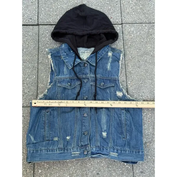 Others Follow Women Hooded Denim Vest Distressed Blue Jean Jacket Sleeveless XL - Image 13