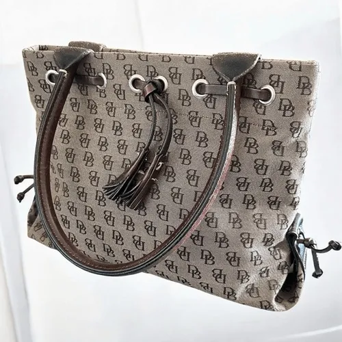 Dooney & Bourke Signature Monogram Tote Bag Brown Canvas Leather Trim Drawstring - Image 2